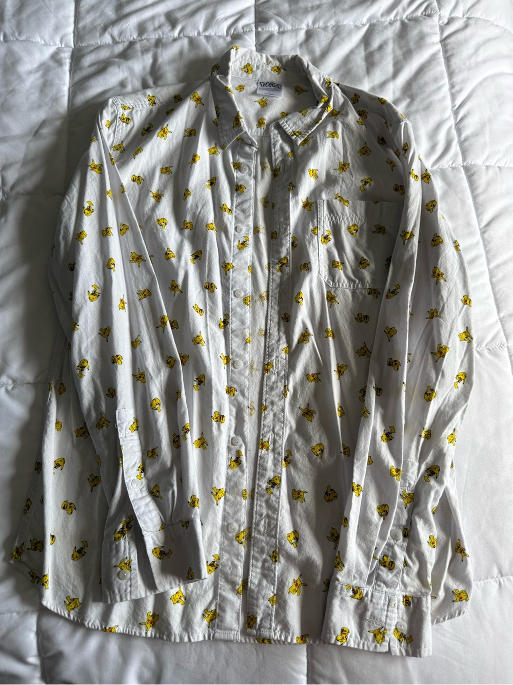 White Men’s Button-Up Shirt with Yellow Pikachu Print